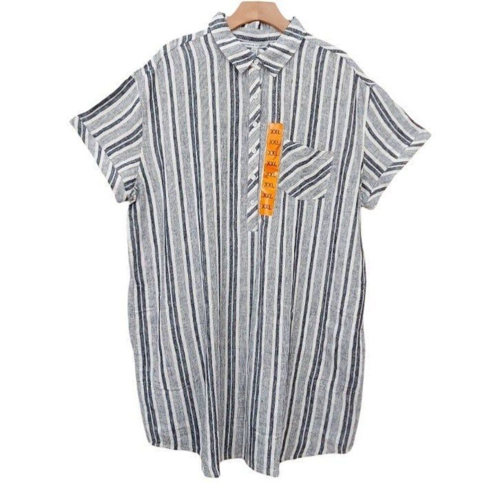 Adrienne Vittadini Tunic Dress Womens XXL Gray Linen Blend Striped Nautical